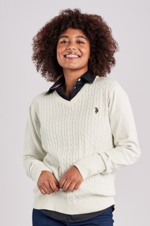 U.S. Polo Bell Knit V-Neck Dame, Cloud Dancer